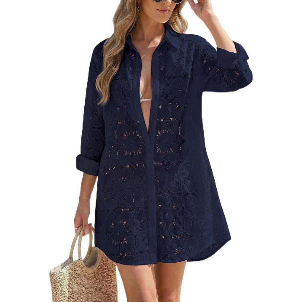 Women Swimsuit Coverup Summer Button Down Beach Shirt Dress Eyelet